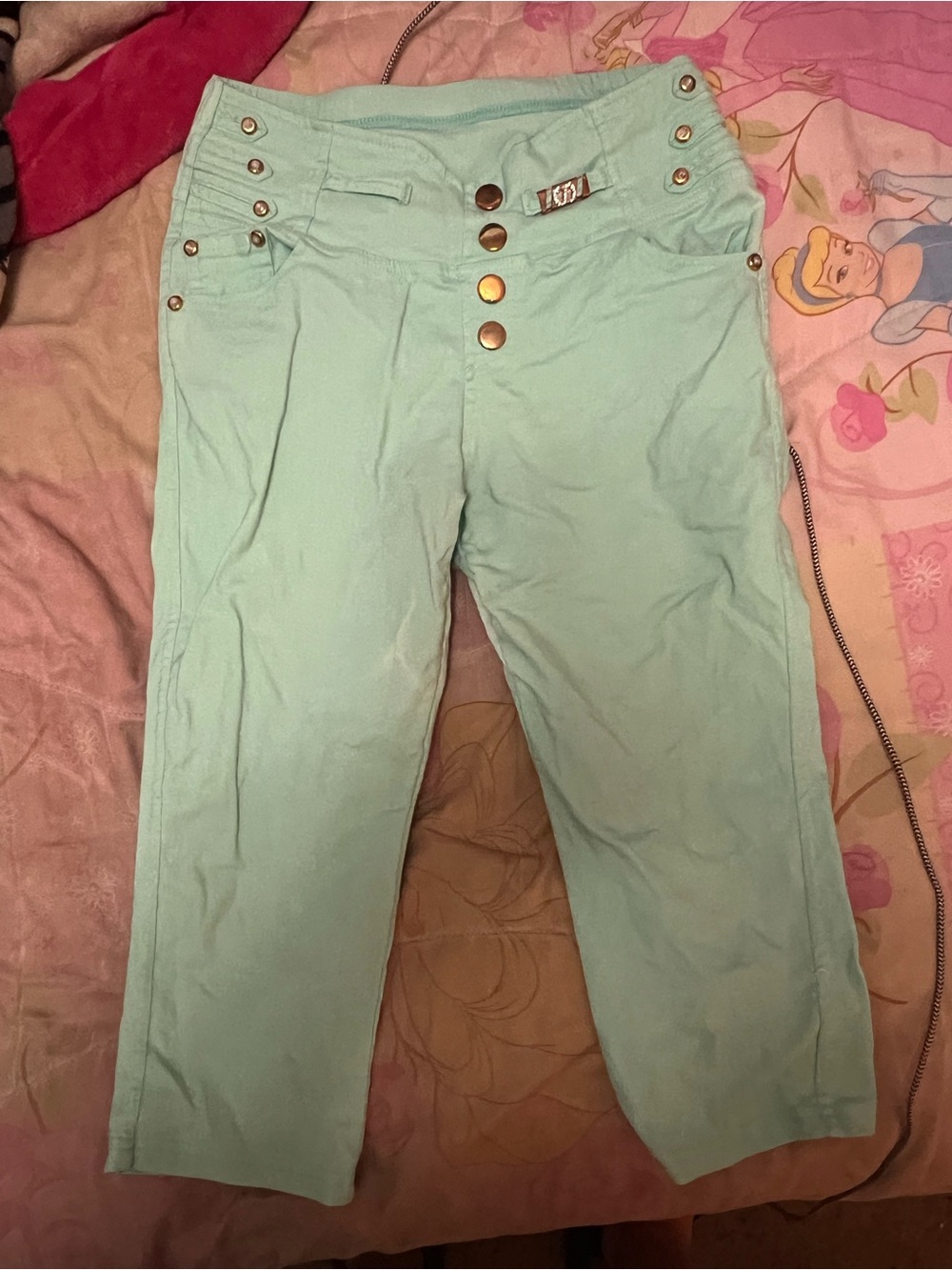 Kids Mint Green High-Waist Button Jeans